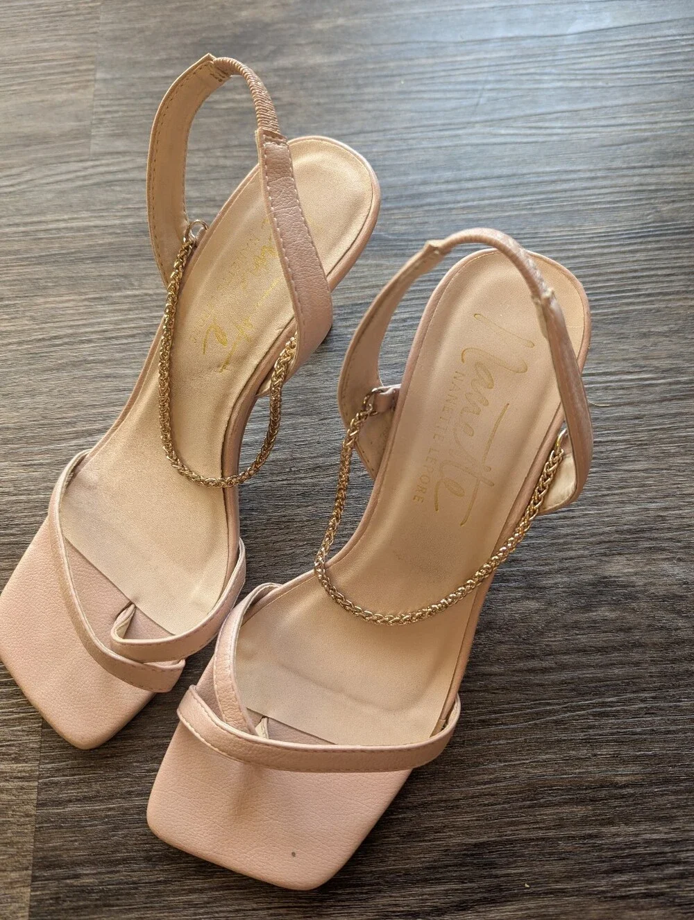 Nanette Lepore Nude Square Toe Chain Strap Heeled Sandals Size 6
